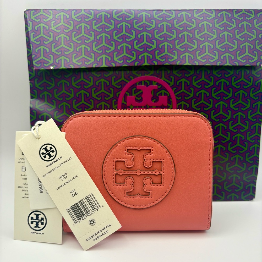 NWT Tory Burch Ella Bio Small Zip Wallet in Coral Crush